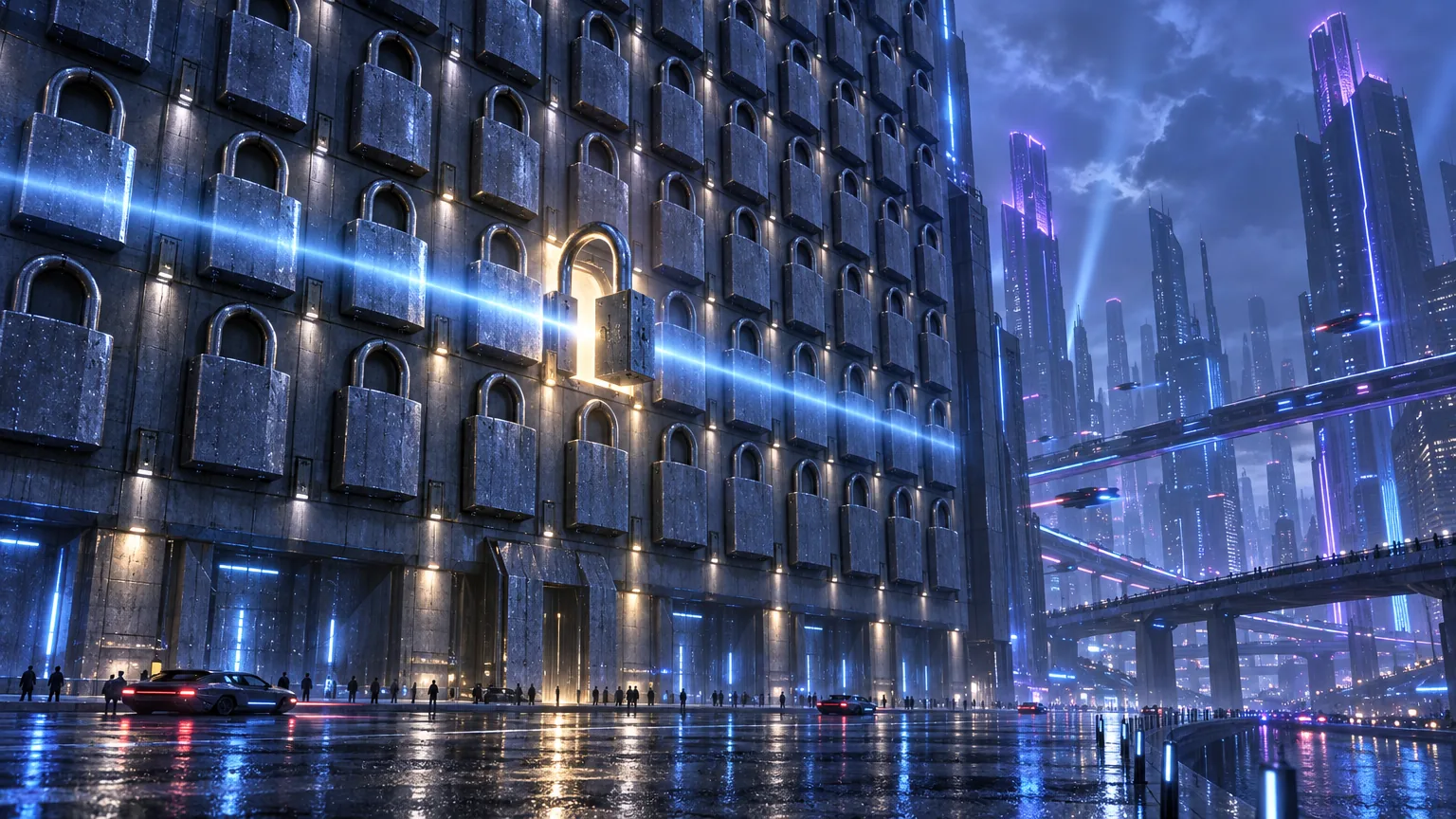 A wall of a hundred identical padlocks across the face of a building, every one of them shut and dark. One, off centre, hangs wide open with light behind it, and a scanning beam has stopped exactly on that one.