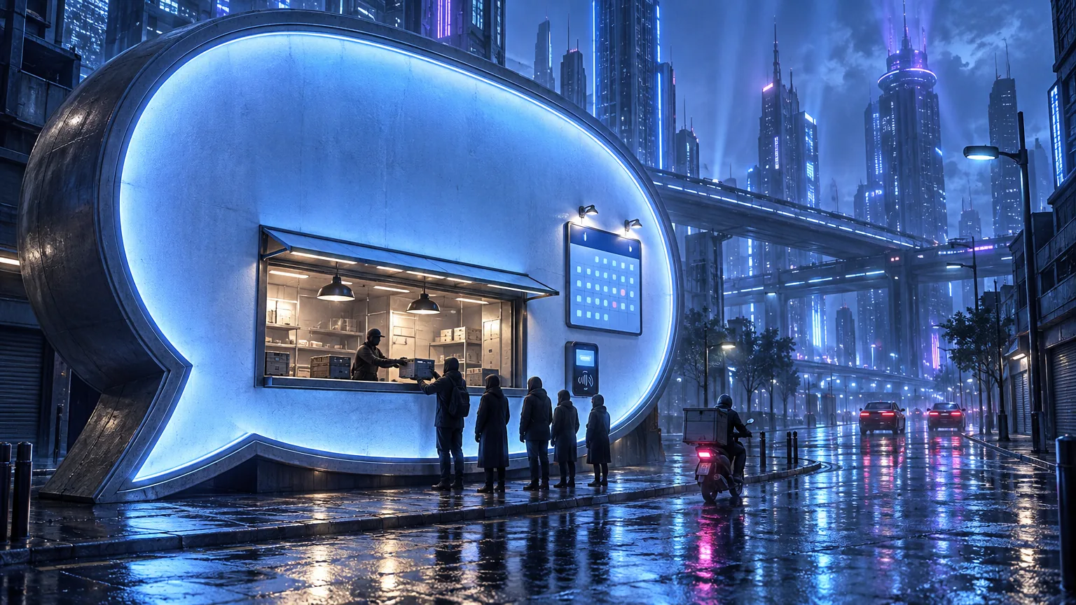 A giant speech bubble built as a lit shop kiosk on a wet street, everything happening at its one serving window: a queue, a crate handed over, a calendar panel, a card reader, a delivery scooter pulling away. Every other shopfront is shuttered.