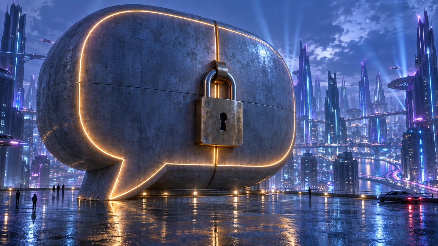 A giant speech bubble built as a windowless pavilion on a rooftop, sealed shut by one huge padlock, with the whole city glowing far away and connected to it by nothing.