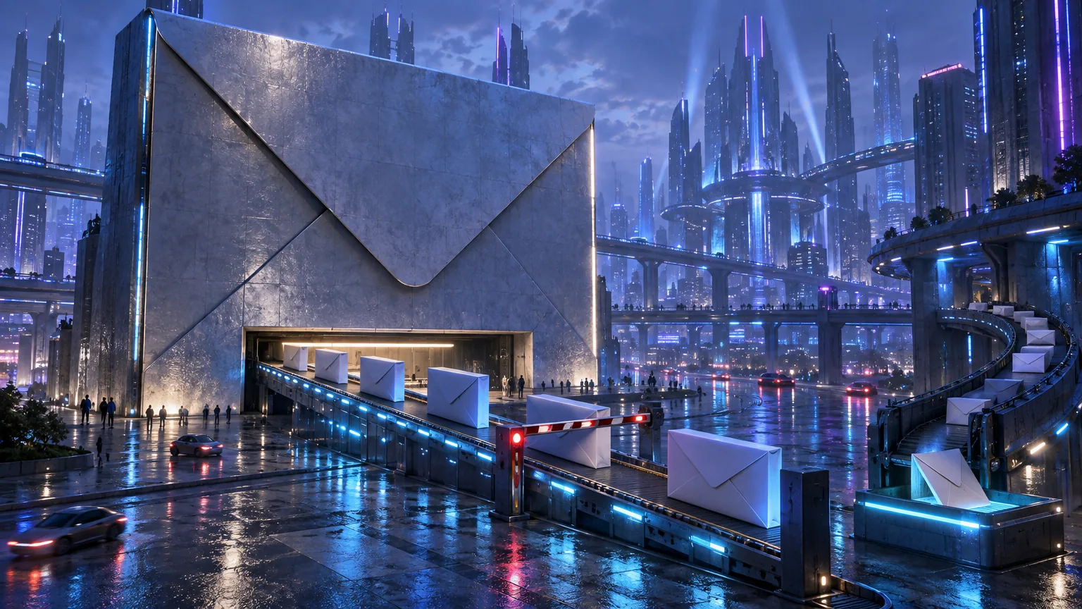 A giant envelope standing as a tower. Envelopes ride out of its base on a conveyor, perfectly evenly spaced, while a barrier arm holds one single duplicate back, and on the other side every returning envelope drops into one lit tray.
