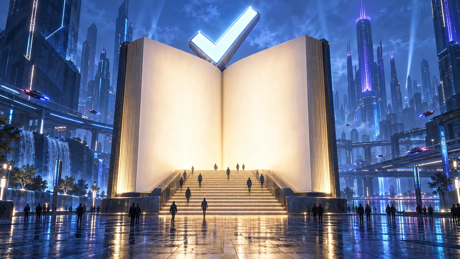 A giant open book standing in a plaza with a broad lit staircase climbing up into its pages, small figures climbing it, and one large glowing tick resting above the spine.