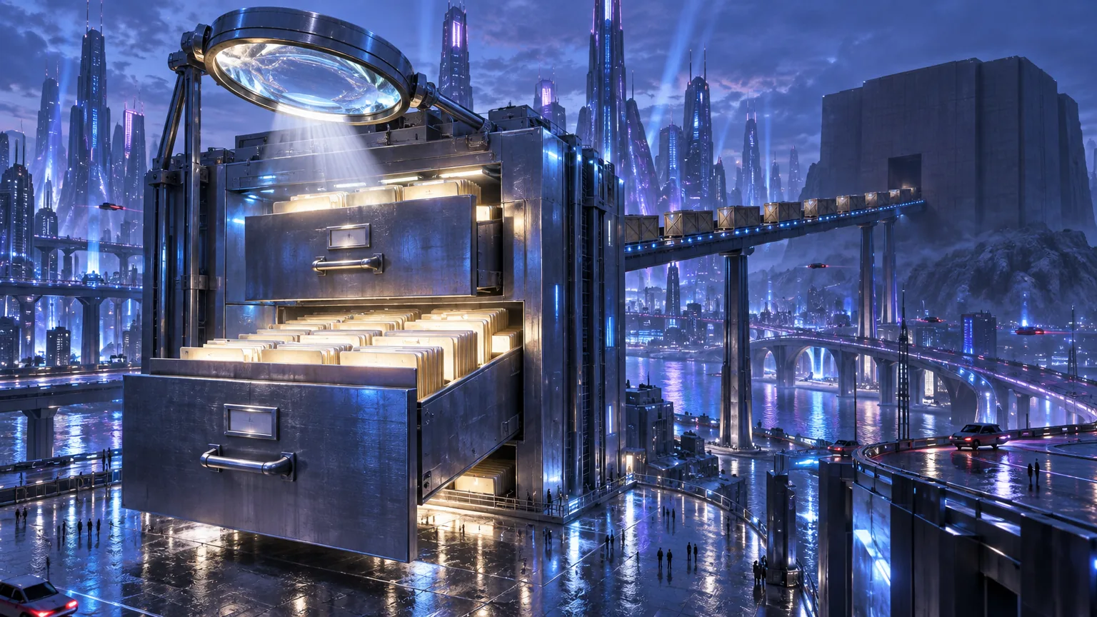 A giant filing cabinet with its drawers pulled open and packed with glowing documents, a huge magnifying glass throwing a beam down onto them, and a conveyor bridge bringing crates in from an enormous grey structure with no lights on it at all.