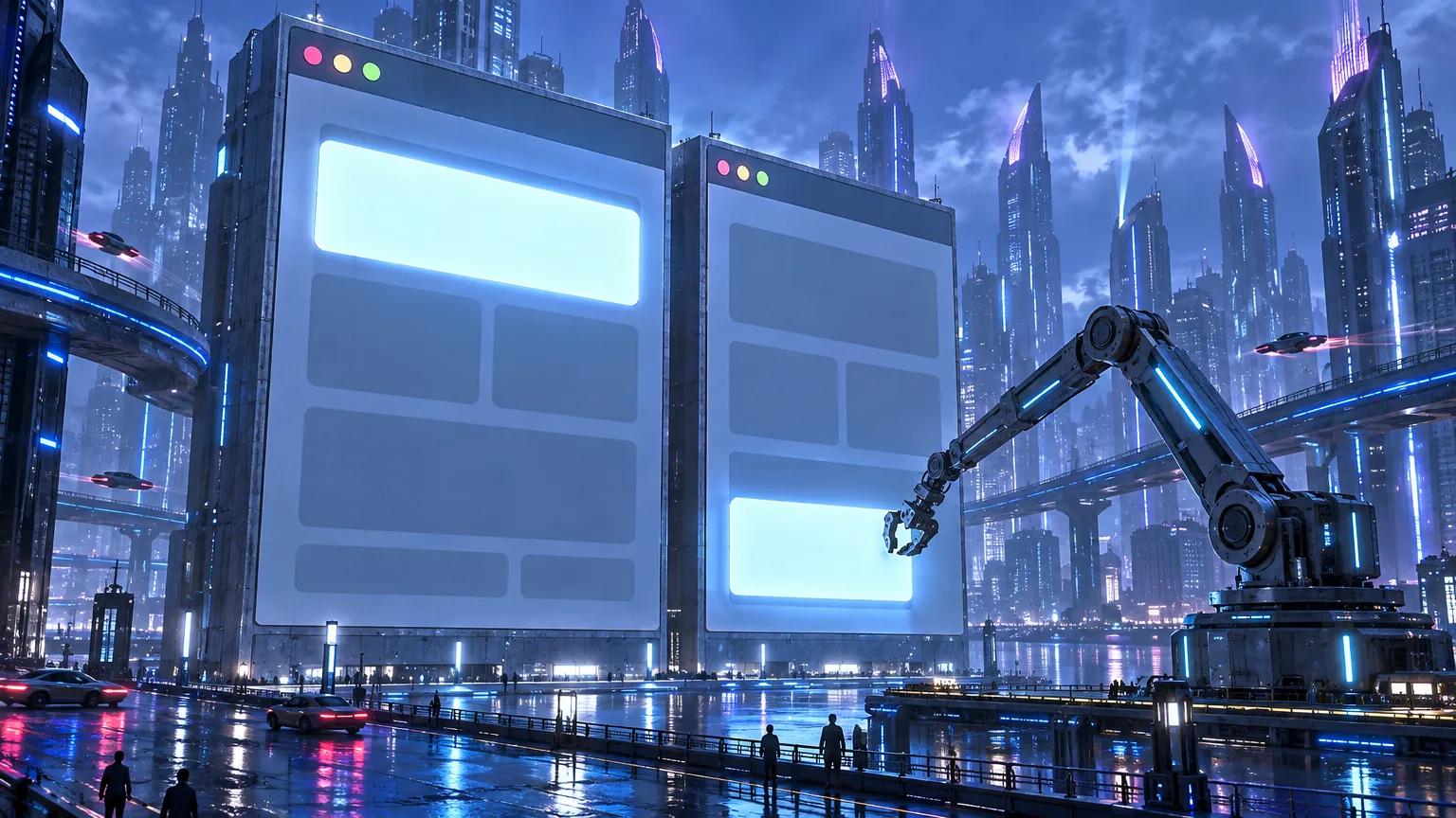 Two giant browser windows standing side by side, obviously the same page twice. On the left one a bright block sits at the top; on the right the page has been rearranged and that same block has moved to the bottom. A long robotic arm bends through the air and has found it in its new place.