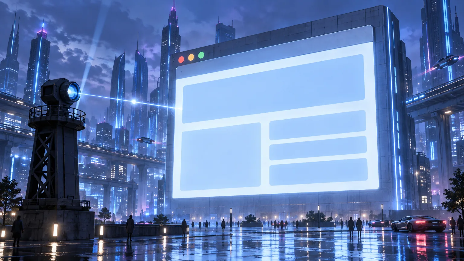 A giant browser window standing as a building, brightly lit. In the foreground, joined to it by nothing, stands a small dark watchtower with a single lens at its top, sending one thin beam across the gap with a pulse travelling back along it.
